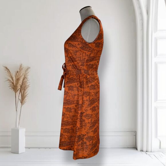 Vintage 60s Mod Belted Shift Dress Size S Orange Americana Print Old West - Picture 5 of 14